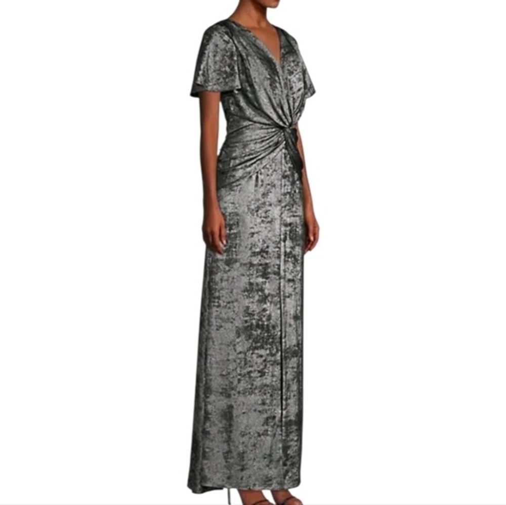 Aidan Mattox Flutter-Sleeve Burn Velvet A-Line Gown Surplice neck Size 8 $350 - Picture 3 of 15